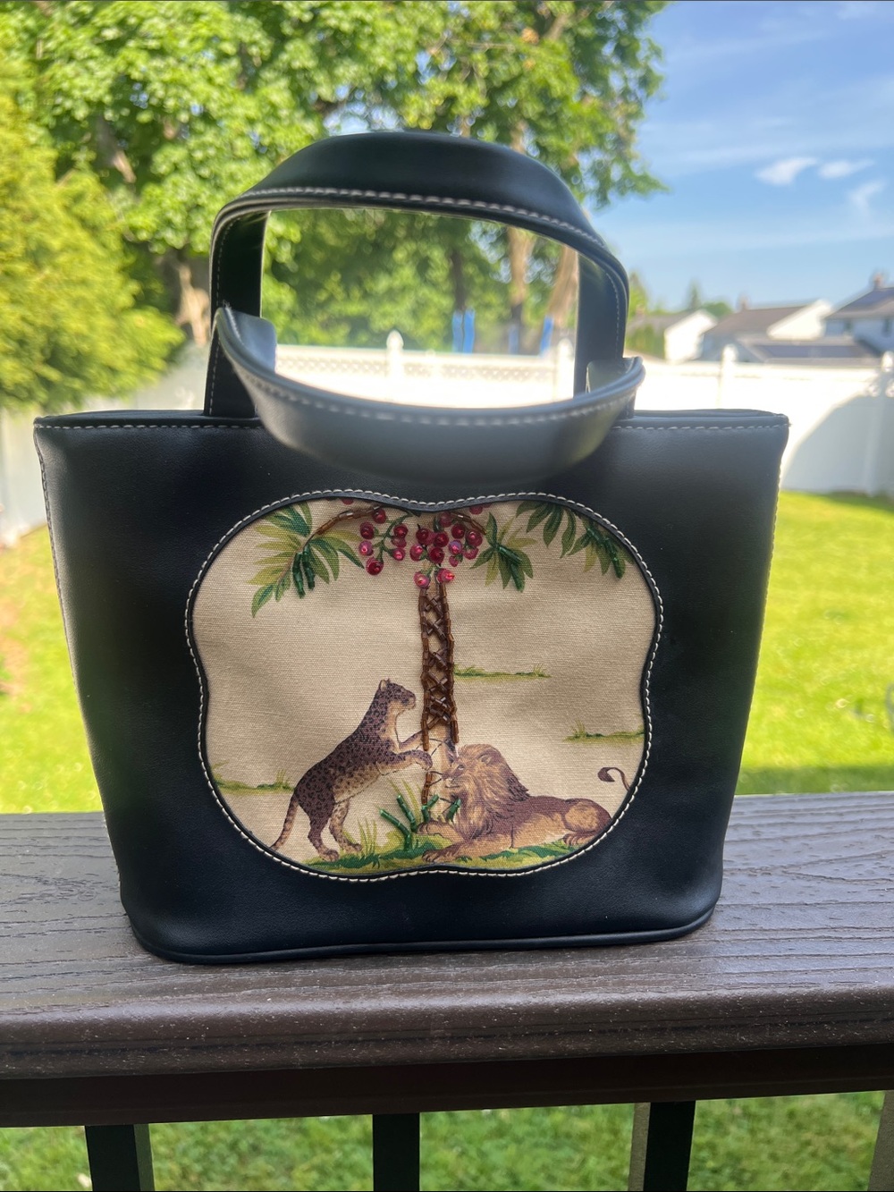 Black Leather Tote with Animal Scene Panel